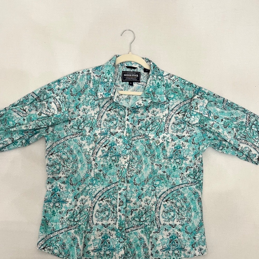 Rough Stock Panhandle Slim Western Pearl Snap Shirt Teal Paisley Boho XL